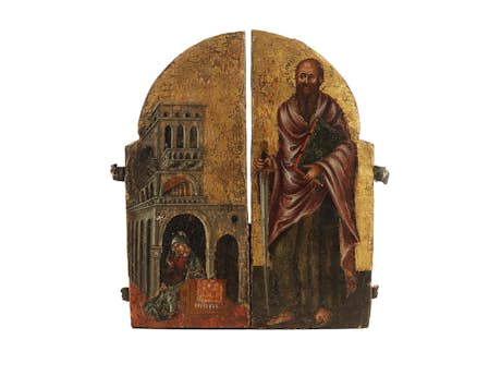 Zwei Fragmente gotischer Tafelbildchen, zusammengestellt zu einer rundbogigen Doppeltüre in Art einer Sakramentsnische